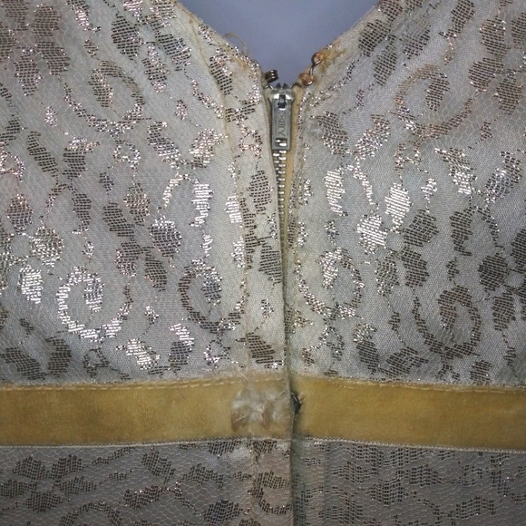 Vintage 1950's Handmade Silver Lace & Ivory Velvet Sleeveless Skater Style Dress - Picture 6 of 14